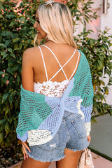 Green Color Block Twisted Back Hollow Out Knit Top