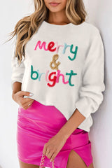 White Glitter Merry & Bright Round Neck Knit Sweater