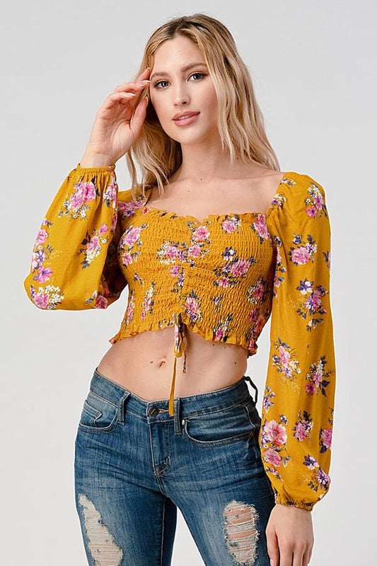 Crop Top Smock Ruched Top In Ditsy Jacquard