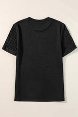 Gray Ribbed Splicing Short Sleeve Round Neck T-shirt