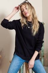 Black Crew Neck Ribbed Trim Knit Long Sleeve Top