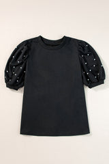 Black Rhinestone Pearl Puff Sleeve Plain T Shirt