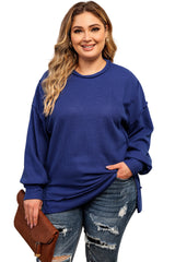 Dark Blue Waffle Knit Exposed Seam Patchwork Plus Size Top