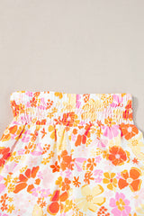 Orange Retro Floral Shirred High Waist Athletic Shorts