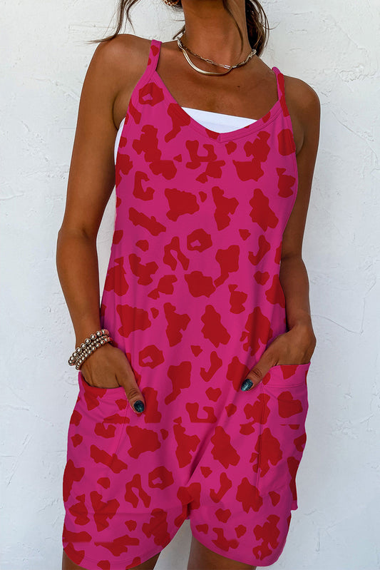 Rose Red Leopard Pocketed V Neck Sleeveless Romper