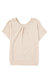 Oatmeal Guipure Lace Splicing Back Waffle Textured T-shirt