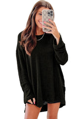 Khaki Plain Waffle Knit Drop Sleeve Side Slits Oversized Top