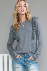 Dark Grey Solid Color Ruffle Long Sleeve Top