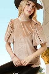 Light Beige Ruched Lantern Sleeve Elegant Blouse