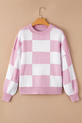 Green Checkered Bishop Sleeve Pullover Sweater