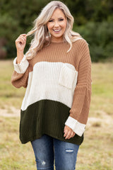 Khaki Color Block Tiered Knit Plus Size Sweater