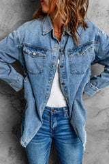 Sky Blue Pocket Raw Hem Buttoned Denim Jacket