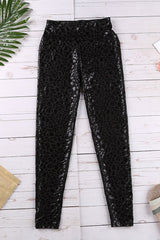 Black Casual Shiny Leopard Print Cropped Leggings