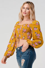 Crop Top Smock Ruched Top In Ditsy Jacquard