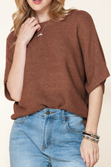 Coffee Mock Neck Short Batwing Sleeve Sweater