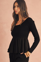 Black Pleated Hem Long Sleeve Ribbed Knit Top