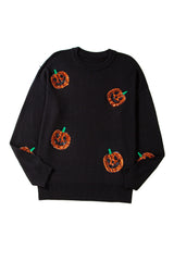 Black Halloween Sequin Pumpkin Pattern Plus Size Sweater