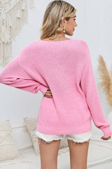 Pink Basic Ribbed Knit V Neck Sweater