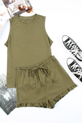 Green Crew Neck Tank and Drawstring Ruffled Shorts Lounge Set