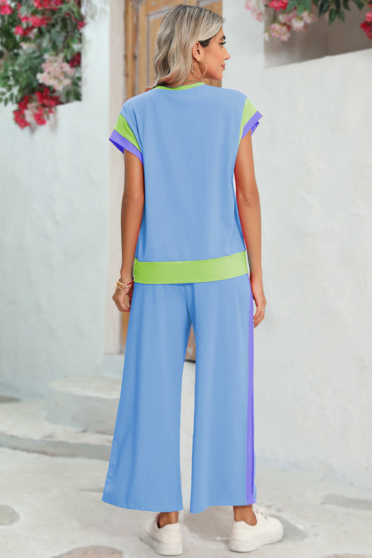 Sky Blue Colorblock Cap Sleeve Tee & Wide Leg Pants Set