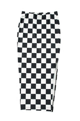 White Checkered Print Side Slit Slim Fit Midi Skirt