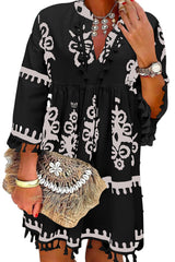 Black Ethnic Print Fringe Hem Plus Size Dress