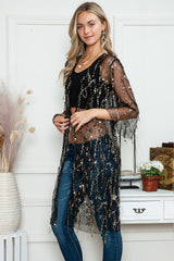 Black Sequin Sheer Casual Open Front Cover Up