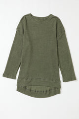 Khaki Plain Waffle Knit Drop Sleeve Side Slits Oversized Top