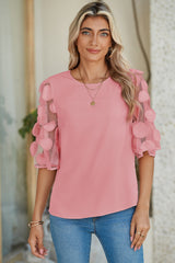 Dusty Pink Applique Mesh Splicing Sleeve Blouse