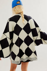 White Stripe Colorblock Drop Shoulder Buttoned Loose Cardigan