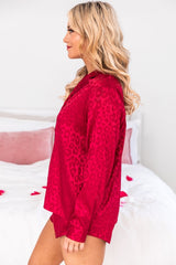 Red Leopard Satin Long Sleeve Top & Shorts Loungewear Set