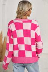 Orange Checkered Buttoned V Neck Drop Shoulder Cardigan