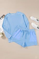 Light Blue Plus Size Ribbed Long Sleeve Top and Drawstring Shorts Set