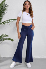 Dusk Blue Solid Crossed High Waist Fit Flare Jeans