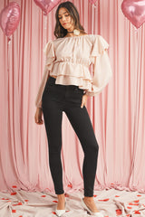 Oatmeal Elegant Satin Ruffle Long Sleeve Blouse