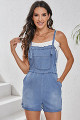 Black Denim Adjustable Knotted Straps Pocketed Romper