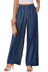 Black Side Pockets Frilled Smocked High Waist Wide Leg Jeans