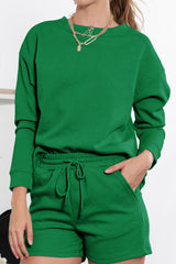 Green Textured Long Sleeve Top & Drawstring Shorts Set