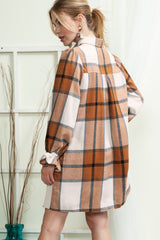 Khaki Plaid Pattern Collared Neck Ruffled Sleeve Shirt Dress