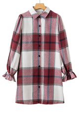 Khaki Plaid Pattern Collared Neck Ruffled Sleeve Shirt Dress