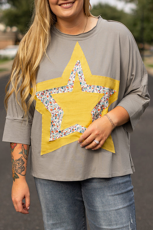 Medium Grey Floral Star Patched 3/4 Sleeve Plus Size Top