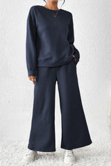 Navy Blue Textured Loose Slouchy Long Sleeve Top and Pants Set