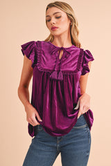 Violet Tied Neck Ruffle Short Sleeve Blouse