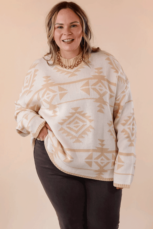 Apricot Plus Size Geometric Print Drop Sleeve Sweater