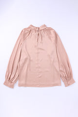 Pink Elegant Keyhole Long Sleeve Satin Blouse