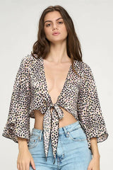 Animal Print Tie-Front Crop Top with Flared Sleeves