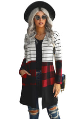 Fiery Red Plaid Colorblock Striped Cardigan