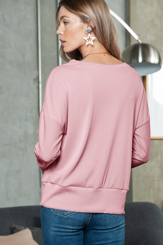 Pink Ribbed Texture Lace Trim V Neck Long Sleeve Top