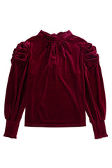 Red Mock Keyhole Neck Puff Sleeve Velvet Blouse