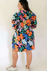 Blue Floral Print Collared Split V Neck Flared Plus Size Mini Dress